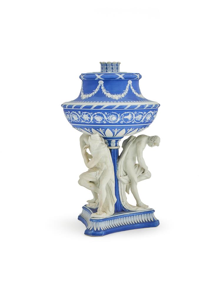 ‡ A WEDGWOOD BLUE DIP JASPER 'MICHELANGELO' VASE AND PIERCED COVERLATE 18TH OR 19TH CENTURYWith spri - Image 2 of 2