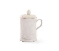 ‡ A STAFFORDSHIRE SALT-GLAZED STONEWARE ADMIRAL LORD VERNON COMMEMORATIVE MUG AND COVER, CIRCA 1740