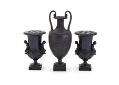 ‡ AN ASSEMBLED GARNITURE OF THREE WEDGWOOD & BENTLEY BLACK BASALT VASES, VARIOUS DATES