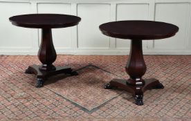 A PAIR OF REPRODUCTION REGENCY STYLE MAHOGANY PEDESTAL TABLES