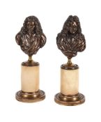 A COMPANION PAIR OF FRENCH PATINATED BRONZE BUSTS OF MOLIERE AND RACINE, 19TH CENTURY