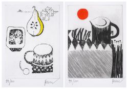 λ Mary Fedden (1915-2012), Stone, Jug and Red Sun; Cup and Pear