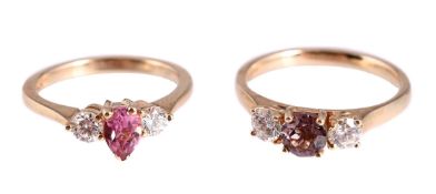 TWO DIAMOND AND TOURMALINE THREE STONE RINGS