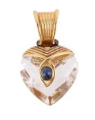 A HEART SHAPED ROCK CRYSTAL AND SAPPHIRE PENDANT