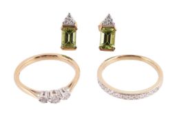 TWO DIAMOND RINGS AND A PAIR OF PERIDOT AND DIAMOND EARRINGS