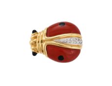 A DIAMOND AND HARDSTONE LADYBIRD BROOCH