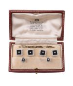 A MID 20TH CENTURY HALF SEED PEARL AND ONYX STUD AND BUTTON SET, BIRMINGHAM 1957