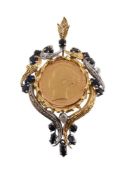 A SAPPHIRE AND DIAMOND SOVEREIGN PENDANT