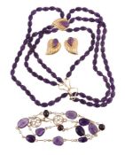 AN AMETHYST AND DIAMOND EARRING AND NECKLACE SUITE