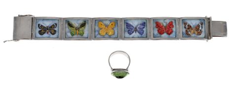 ALEXANDRA RAPHAEL, A SILVER ENAMELLED BUTTERFLY BRACELET AND A TOURMALINE AND ENAMEL BUTTERFLY RING