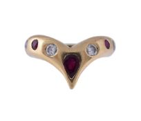 A RUBY AND DIAMOND WISHBONE SHAPED RING, LONDON 1999