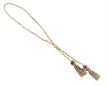 A RHODONITE BEAD TASSEL NECKLACE