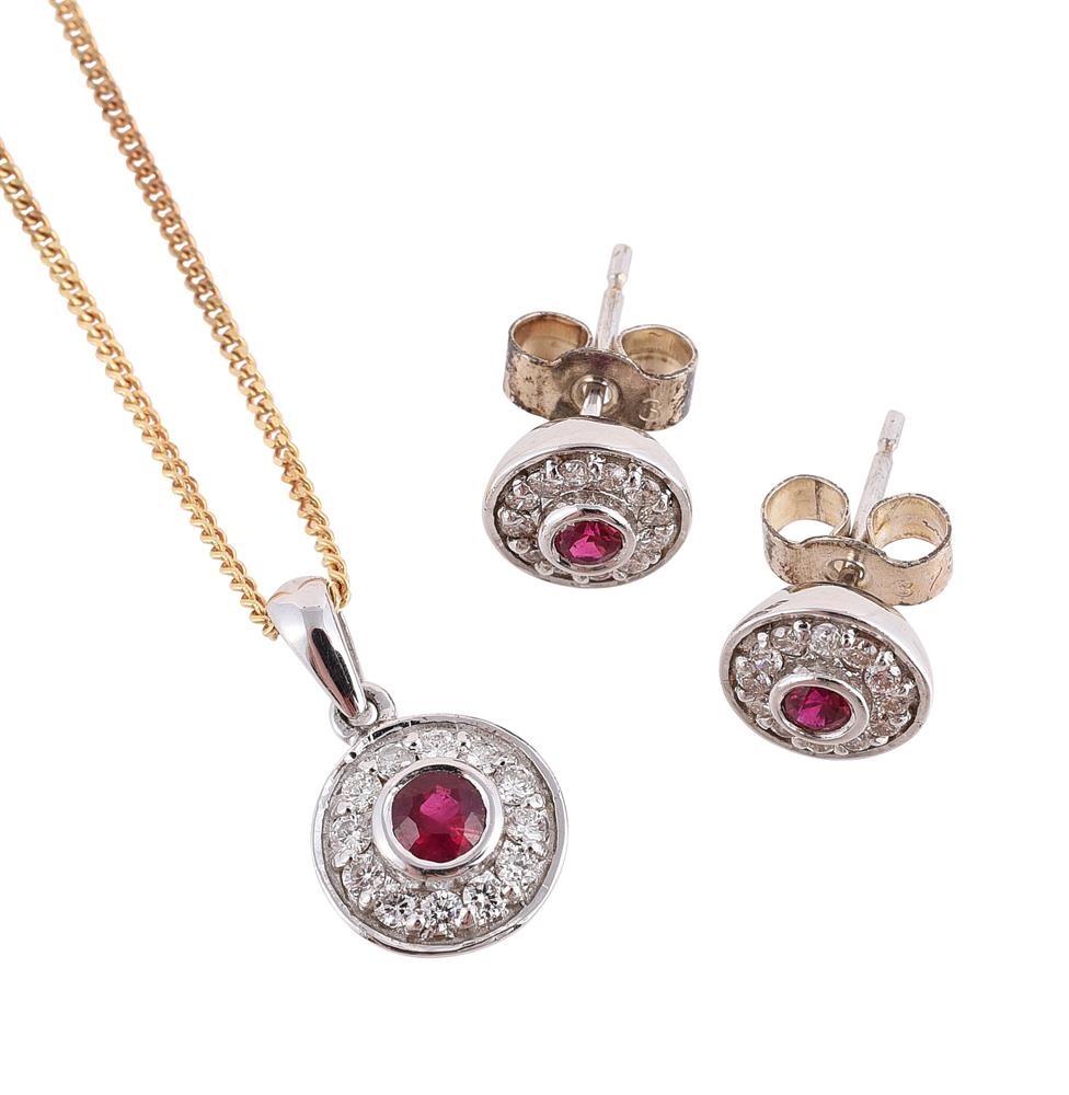 A PAIR OF DIAMOND AND RUBY CLUSTER EARRINGS AND MATCHING PENDANT