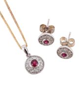 A PAIR OF DIAMOND AND RUBY CLUSTER EARRINGS AND MATCHING PENDANT