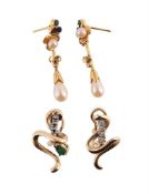 A PAIR OF DIAMOND AND EMERALD EARRINGS, AND A FURTHER PAIR OF EARRINGS