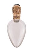 A LATE 19TH CENTURY FRENCH GOLD, RUBY, DIAMOND AND HALF PEARL SET GLASS SCENT BOTTLE