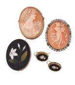 A PIETRA DURA BROOCH AND EARRINGS AND TWO CAMEO BROOCHES