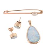 AN OPAL PENDANT, EARRINGS AND BAR BROOCH