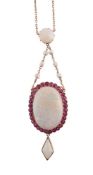 AN OPAL, PINK SAPPHIRE AND PEARL BROOCH/PENDANT