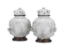 A PAIR OF EDME SAMSON BLANC-DE-CHINE FLOWER-ENCRUSTED POT-POURRI URNS AND COVERS, CIRCA 1880