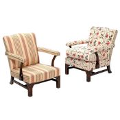 A PAIR OF MAHOGANY LOW ARMCHAIRS IN GEORGE III STYLE