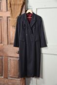 A MULBERRY PINSTRIPE WOOL COATDRESS IN CHARCOAL GREY PAIRED WITH SILK CAMISOLE