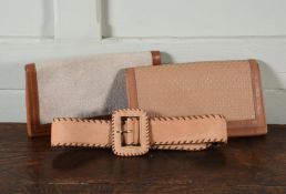 TWO EARLY 1970'S MULBERRY CLUTCH BAGS WITH A MULBERRY MATCHING BELT