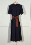 A MULBERRY NAVY LINEN COLLARLESS DRESS AND A CROCHET BELT