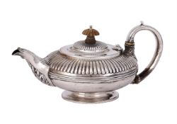 Y A GEORGE IV SILVER HALF LOBED CIRCULAR TEA POT