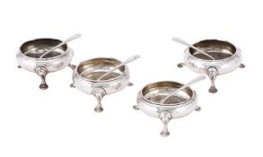 A MATCHED SET OF FOUR GEORGE III SILVER CAULDRON SALTS