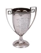 A SILVER TWIN HANDLED TROPHY CUP