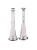 A PAIR OF VICTORIAN SILVER HUNTING HORN PEPPERETTES