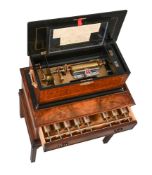 A FINE SWISS FIGURED WALNUT INTERCHANGEABLE CYLINDER MUSIC BOX WITH ZITHER ATTACHMENT