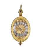 A RARE FRENCH RENAISSANCE PRE-HAIRSPRING GILT BRASS AND ROCK CRYSTAL OVAL PENDANT WATCH