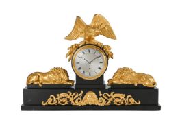 A FINE AND RARE ORMOLU MOUNTED BLACK MARBLE MANTEL TIMEPIECE OF IMPRESSIVE PROPORTIONS