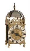 AN UNUSUAL ENGLISH BRASS ‘SECOND PERIOD’ LANTERN CLOCK WITH OVERLAID FRETWORK TO DIAL