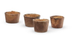 A SET OF FOUR HOLLOW CARVED HARDWOOD POTS, ASIAN