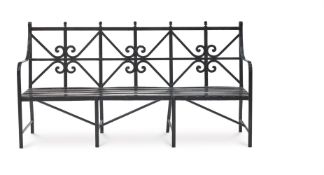 A SET OF THREE BLACK PAINTED WROUGHT IRON GARDEN BENCHES