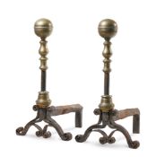 A PAIR OF BRONZE, BRASS AND WROUGHT IRON ANDIRONS FRENCH, LATE 17TH/EARLY 18TH CENTURY