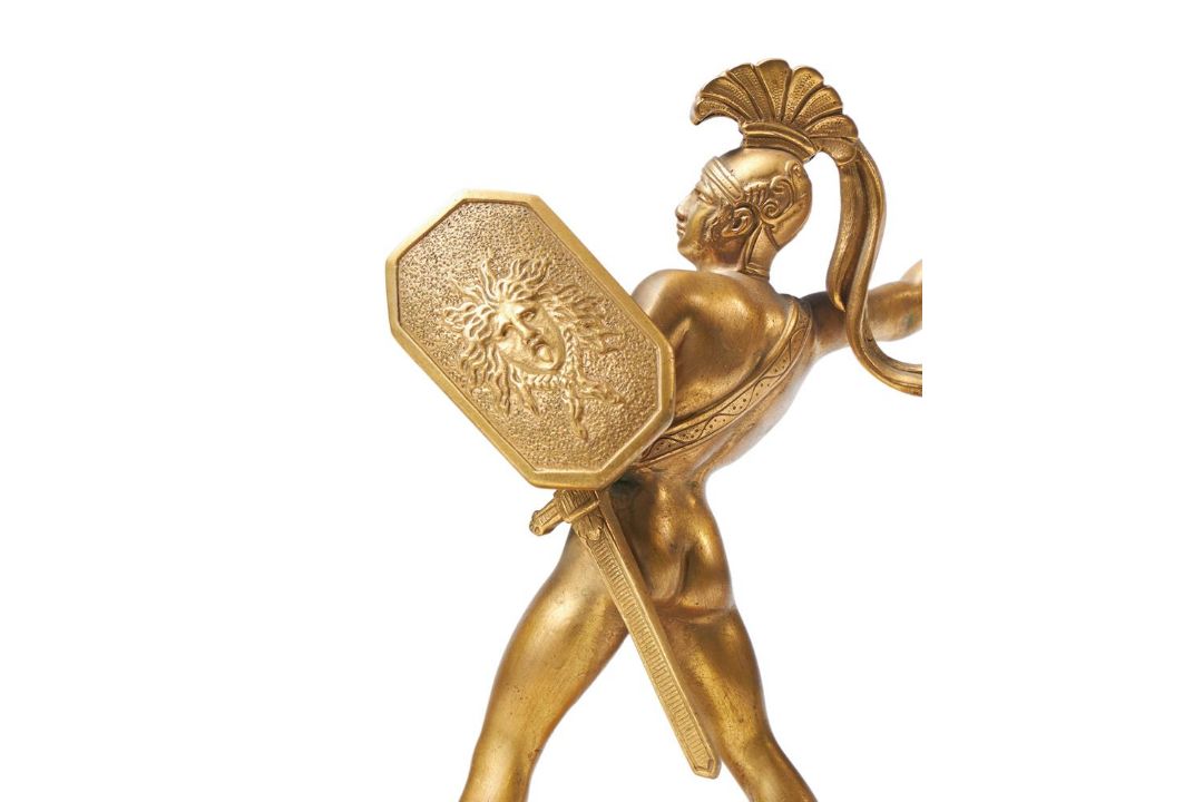 A PAIR OF GILT BRONZE BOOKENDS FORMED AS FIGURES OF GREEK WARRIORS - Image 4 of 4