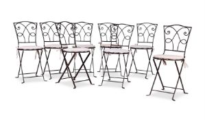 A SET OF EIGHT WROUGHT IRON FOLDING CHAIRS