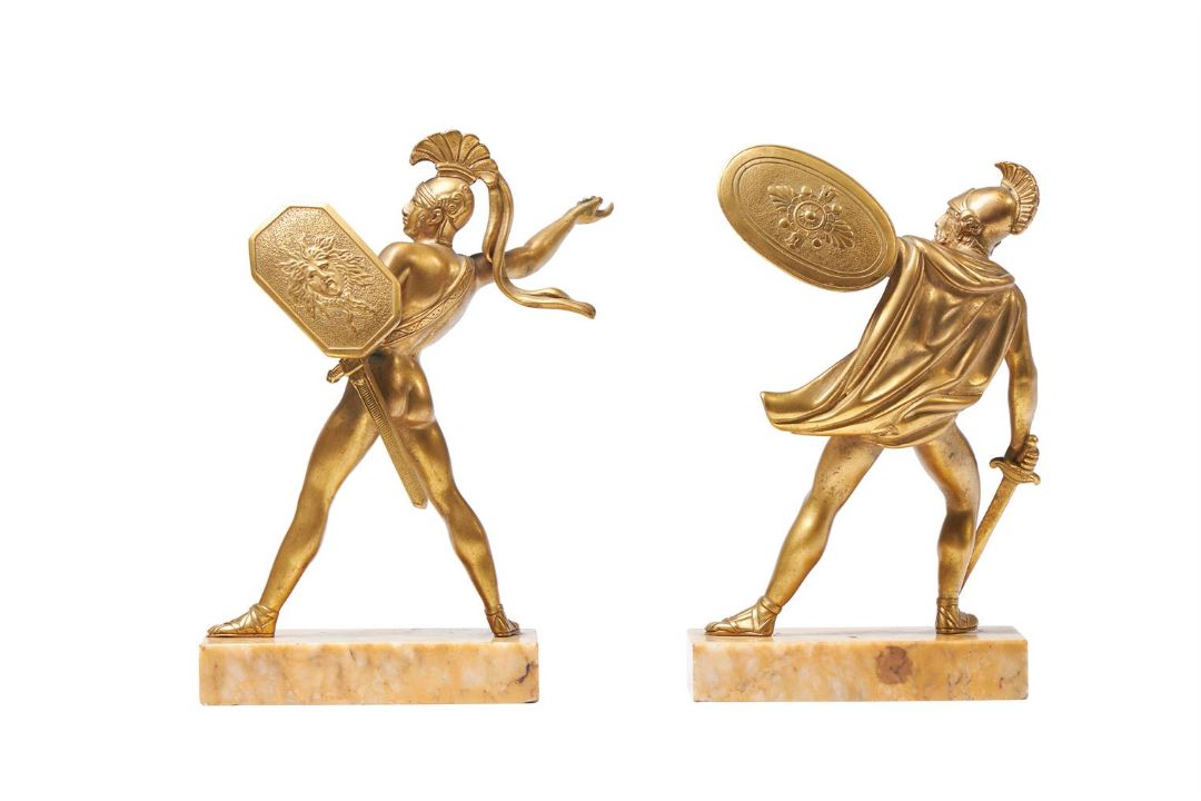 A PAIR OF GILT BRONZE BOOKENDS FORMED AS FIGURES OF GREEK WARRIORS - Image 3 of 4