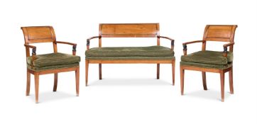 A BIEDERMEIER FRUITWOOD, EBONISED AND BRASS MOUNTED SUITE OF SEAT FURNITURE
