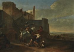 HENDRIK VERSCHURING I (DUTCH 1627-1690), SOLDIER IN ARMOUR ON HORSEBACK OUTSIDE A WALLED TOWN
