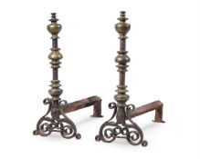 A PAIR OF FRENCH BRONZE AND WROUGHT IRON ANDIRONS, LATE 16TH/EARLY 17TH CENTURY