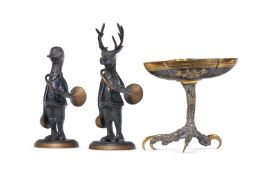 AN AUSTRIAN BRONZE TRIFORM TAZZA, LATE 19TH CENTURY