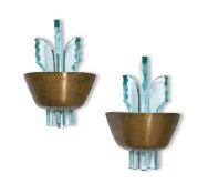 A PAIR OF BRASS AND BLUE GLASS WALL UPLIGHTERS, FRENCH