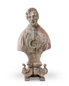 A BAROQUE CARVED AND PAINTED RELIQUARY BUST, SPANISH OR FRENCH