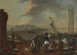 FOLLOWER OF PHILIPS WOUWERMAN, A HARBOUR SCENE WITH FIGURES ON HORSEBACK