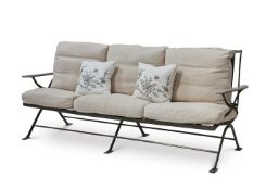 A WROUGHT IRON THREE SEAT BENCH WITH MATCHING ARM CHAIRS